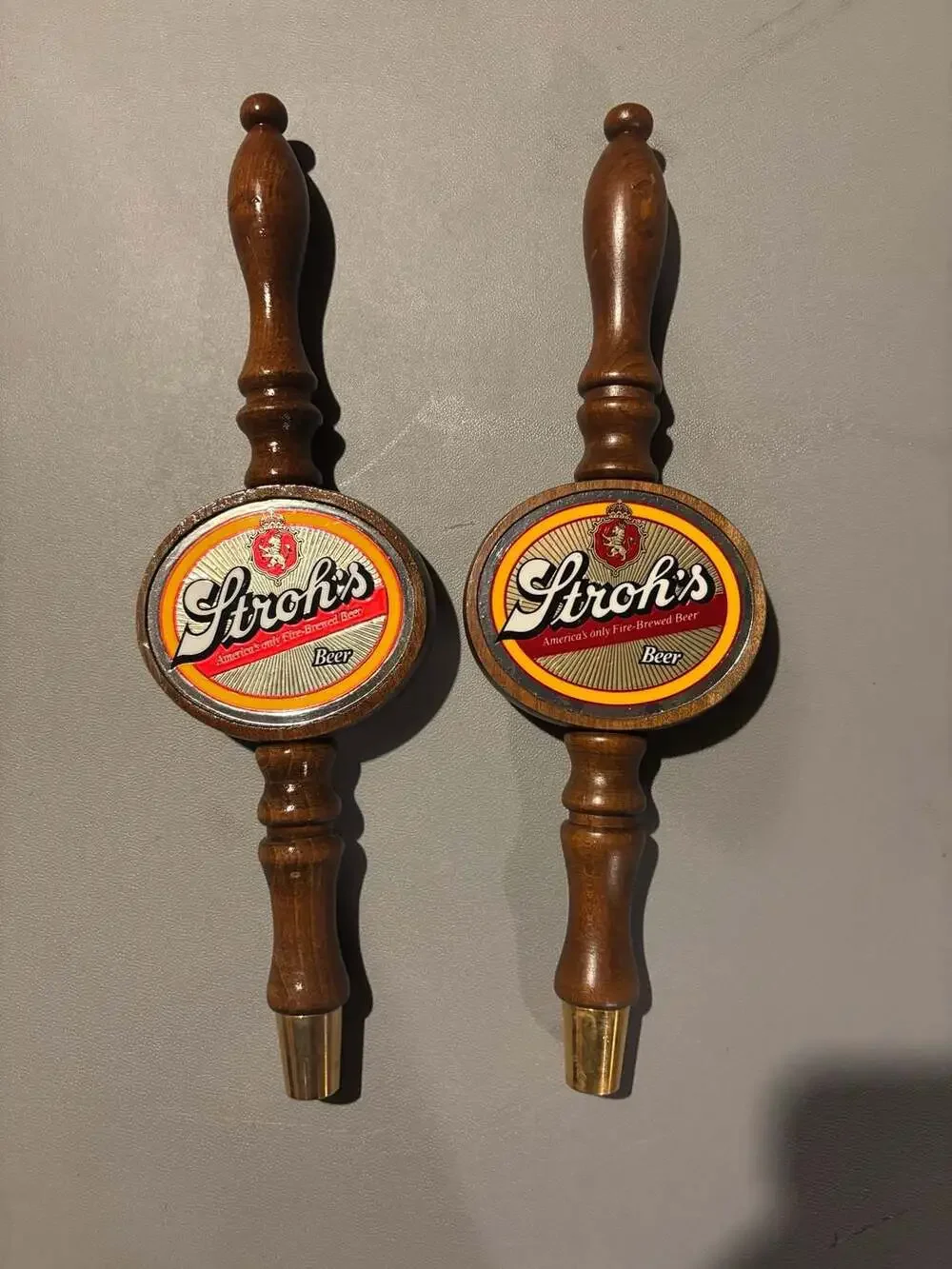 Lot of 2 Vintage Stroh's America's Only Fire-Brewed Beer Wooden Beer Tap Handles